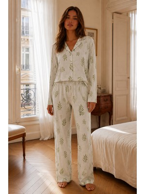Night Çağla Yeşili Kadın Relax Fit Düğme Pijama Takımı