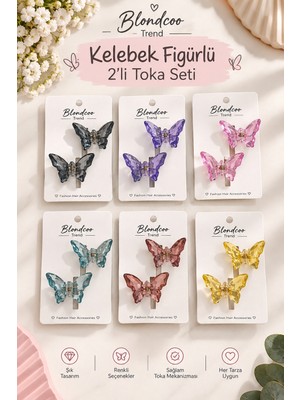 Blondcoo Trend Kelebek Figürlü 2’li Toka Seti – Şeffaf Kristal Görünümlü Saç Tokası (Karışık Renkli)