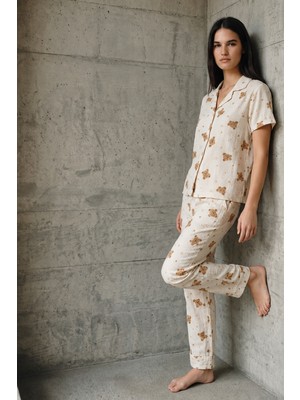 Night Kırık Beyaz V Yaka Düğmeli Casual Pijama Takımı