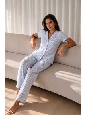 Night Mavi Kadın Loose Uzun Paça Pamuk Pijama Takımı