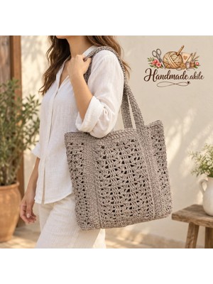 Handmade Akile Kağıt Ip El Örgüsü Plaj ve Omuz Çantası – Ajurlu 40 × 35 cm – Taş