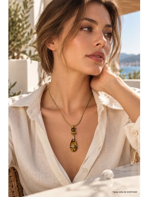 Solare Accessories Doğal Kaplan Gözü Taşlı Çelik Zincir Kadın Kolye Gold Damla Uçlu