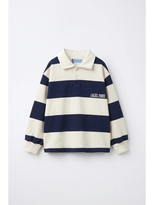 Magu Çocuk Pamuklu Lacivert Ekru Çizgili Polo Yaka Sweatshirt