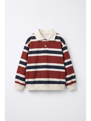 Magu Çocuk Pamuklu Bordo Lacivert Çizgili Polo Yaka Sweatshirt