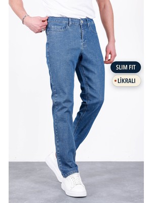 Hlt Jeans Erkek Mavi Taşlamalı Slim Fit Likralı Jean Kot Pantolon HLTHE001946