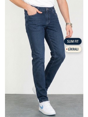 Hlt Jeans Erkek Koyu Mavi Taşlamalı Slim Fit Likralı Jean Kot Pantolon KEVEN