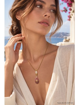 Solare Accessories Doğal Rodonit ve Inci Taşlı Çelik Zincir Kadın Kolye Gold Damla Uçlu
