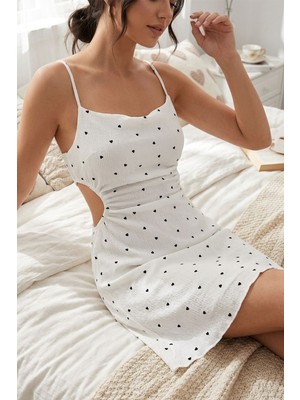 Fantezia Night Beyaz Kalp Desenli Ip Askılı Mini Pijama 4481