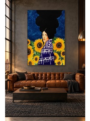Fida Ayçiçekleri Arasında Mor Desenli Giysili Kadın Canvas Tablo