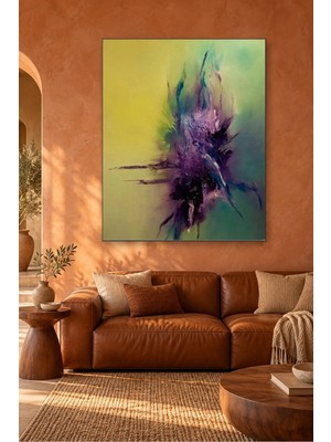 Fida Sarı Yeşil Fonda Mor Patlama Soyut Canvas Tablo