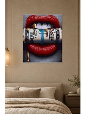 Fida Kırmızı Dudaklar ve Dolar Rulosu Pop Art Canvas Tablo
