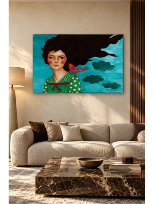 Fida Turkuaz Gökte Uçuşan Saçlı Kız ve Kırmızı Kuş Canvas Tablo