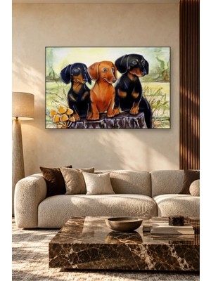 Fida Kütük Üstünde Üç Dachshund Yavrusu Canvas Tablo