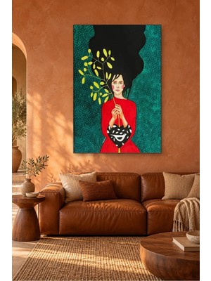 Fida Yeşil Puantiyeli Fonda Dallı Kırmızılı Kız Canvas Tablo