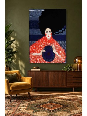 Fida Kırmızı Kürklü Kadın ve Lacivert Şapka Canvas Tablo