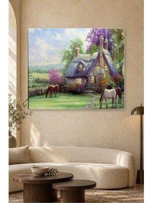 Fida Mor Çiçekli Taş Kır Evi ve Atlar Canvas Tablo