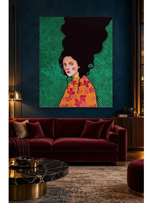 Fida Yeşil Puantiyeli Fonda Pembe Yanaklı Kız Canvas Tablo