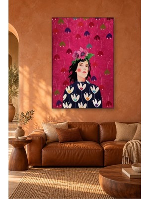 Fida Fuşya Fonda Çiçek Taçlı Kadın Canvas Tablo