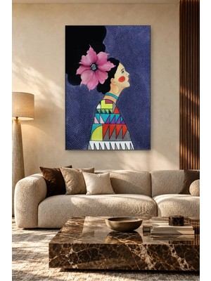 Fida Pembe Çiçekli Kadının Lacivert Fonda Profili Canvas Tablo