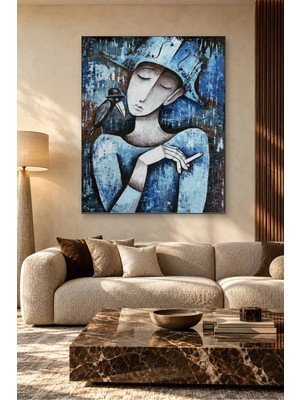 Fida Mavi Şapkalı Kadın ve Omzunda Karga Canvas Tablo