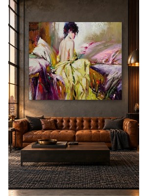 Fida Mor Yatakta Sırtı Dönük Kadın Yağlı Boya Canvas Tablo