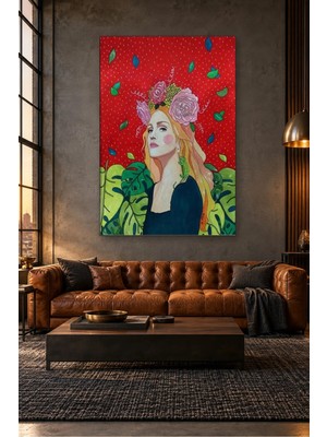 Fida Kırmızı Fonda Gül Taçlı Sarışın Kadın Canvas Tablo