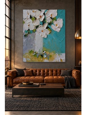Fida Turkuaz Fonda Kabartma Beyaz Çiçekler Canvas Tablo