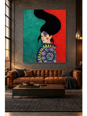 Fida Yeşil ve Kırmızı Fonda Alın Süslü Kadın Canvas Tablo
