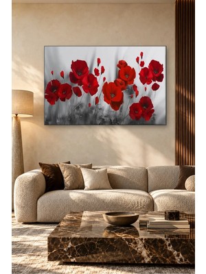Fida Gri Fonda Kırmızı Gelincikler Canvas Tablo