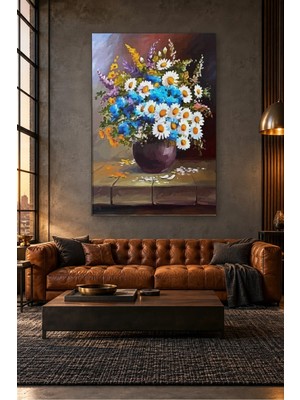 Fida Mor Vazoda Papatya ve Mavi Kır Çiçekleri Canvas Tablo