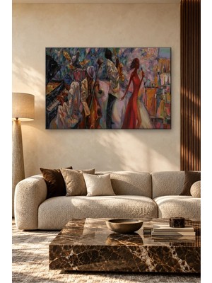 Fida Caz Orkestrası Önünde Kırmızı Elbiseli Şarkıcı Canvas Tablo