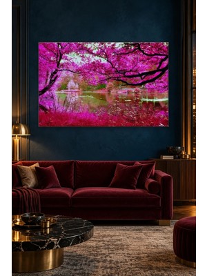 Fida Pembe Yapraklı Ağaçlar ve Göl Kıyısı Canvas Tablo