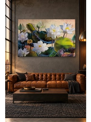 Fida Bej Fonda Beyaz Nilüfer Çiçekleri Canvas Tablo