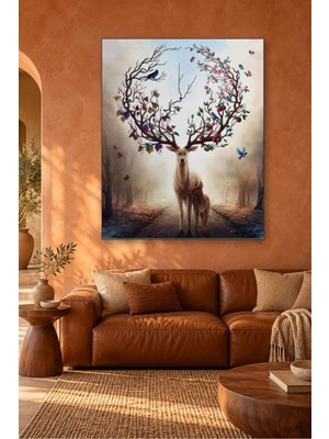 Fida Boynuzlarında Çiçek ve Kuşlar Olan Geyik Canvas Tablo