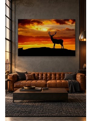 Fida Turuncu Gün Batımında Geyik Silueti Canvas Tablo
