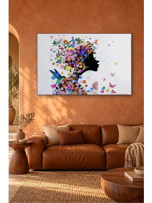 Fida Çiçek Saçlı Kadın Silueti ve Sinek Kuşları Canvas Tablo