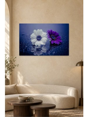 Fida Mavi Fonda Beyaz ve Mor Papatyalar Canvas Tablo