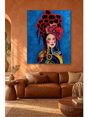 Fida Kırmızı Çiçek Taçlı ve Örgülü Saçlı Kadın Canvas Tablo