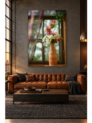 Fida Pencere Önünde Toprak Vazoda Çiçekler Canvas Tablo