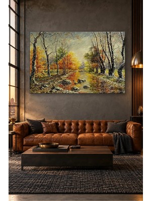 Fida Kar Serpiştiren Sonbahar Ormanında Dere Canvas Tablo