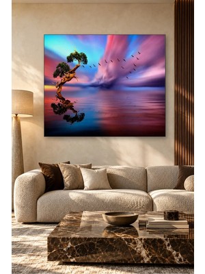 Fida Pembe Mavi Gökyüzünde Göle Yansıyan Ağaç Canvas Tablo