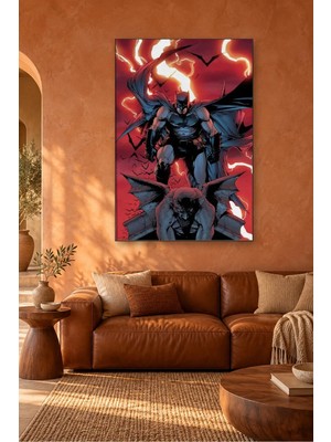 Fida Kırmızı Şimşekler Önünde Batman ve Gargoyl Canvas Tablo