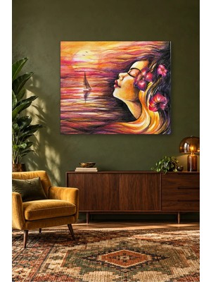 Fida Gün Batımında Saçları Uçuşan Çiçekli Kız Canvas Tablo