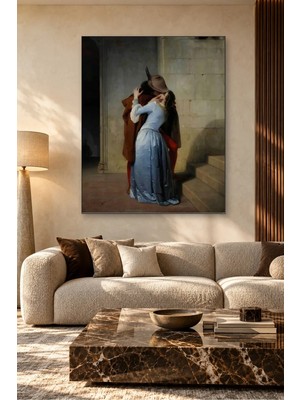 Fida Francesco Hayez Öpücük Merdivende Mavi Saten Elbiseli Kadın Canvas Tablo