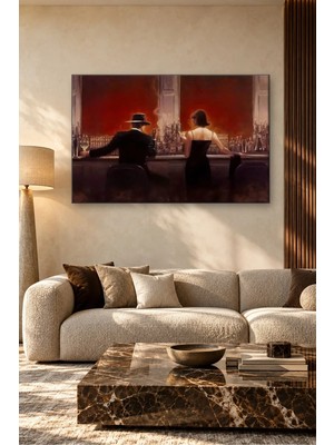 Fida Kızıl Işıklı Barda Şapkalı Adam ve Kadın Canvas Tablo