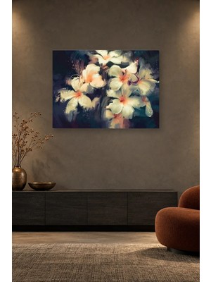 Fida Lacivert Zeminde Fırça Darbeli Beyaz Çiçekler Canvas Tablo