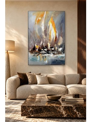 Fida Altın Turuncu Yelkenli Tekneler Spatula Canvas Tablo