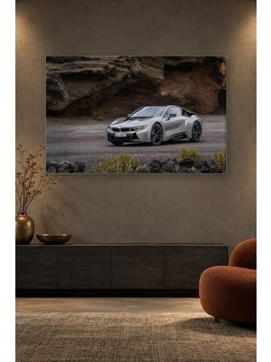Fida Volkanik Kayalıklar Önünde Gümüş Bmw I8 Canvas Tablo