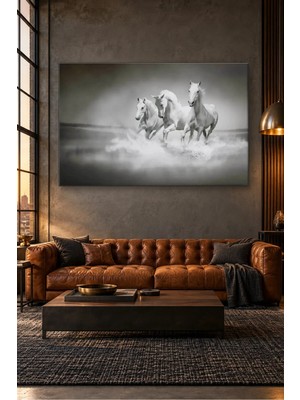 Fida Siyah Beyaz Suda Koşan Üç Beyaz At Canvas Tablo