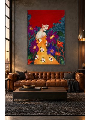 Fida Kırmızı Saçlı Kadın ve Mor Çiçekler Canvas Tablo